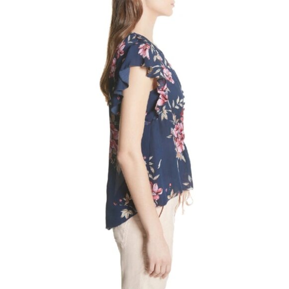 Joie Women's Navy Floral CRISBELL Silk Flutter Sleeve Blouse, Size Medium - Picture 3 of 9